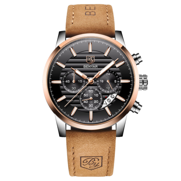 BENYAR BY-5104D – montre chronographe de luxe pour hommes avec bracelet en cuir - Noir & Doré