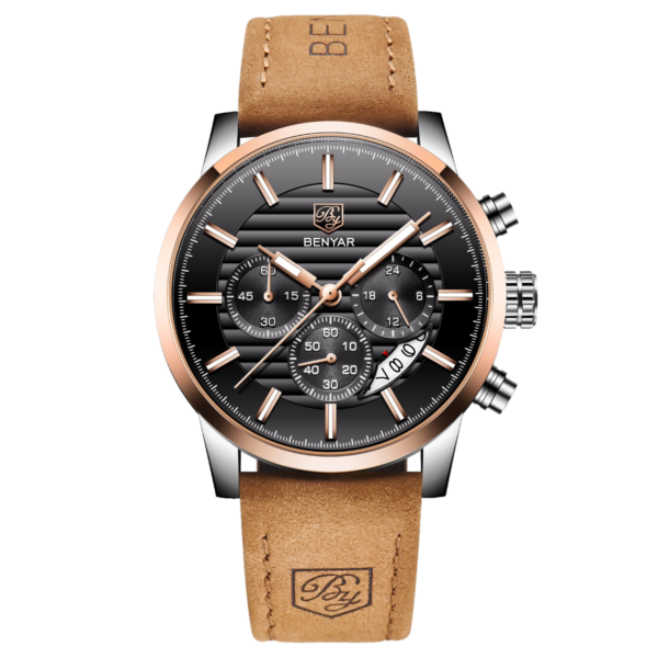 BENYAR BY-5104D – montre chronographe de luxe pour hommes avec bracelet en cuir - Noir & Doré