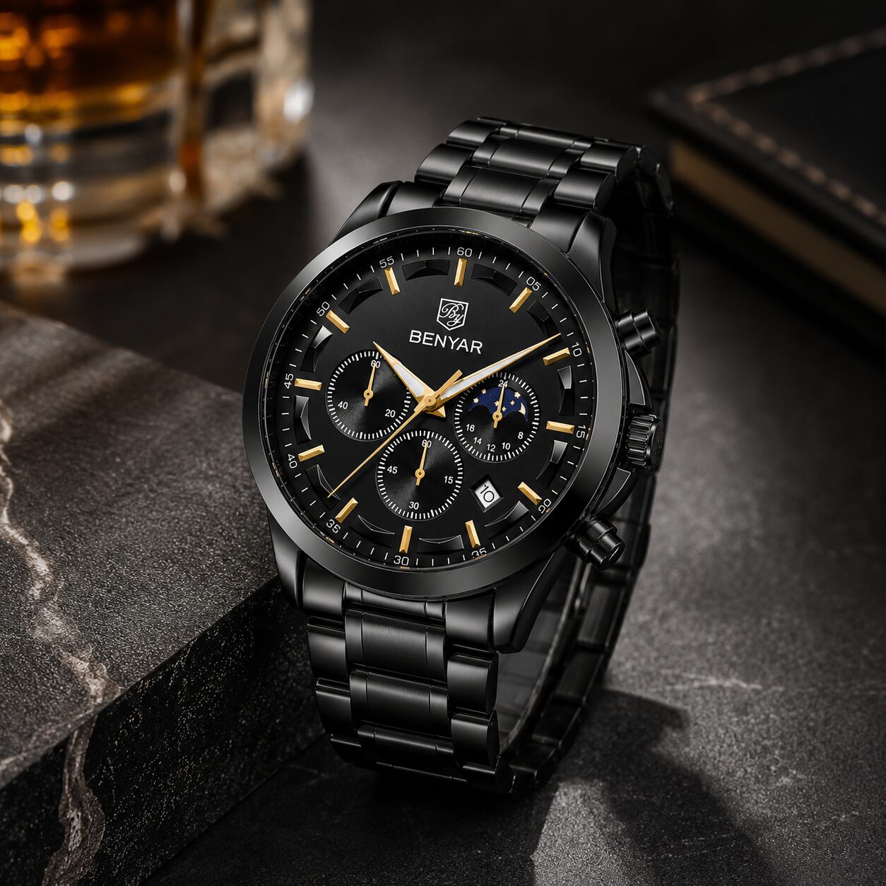BENYAR BY-5160A Montre Homme Chronographe Étanche en Acier Inoxydable - Noir – Image 2