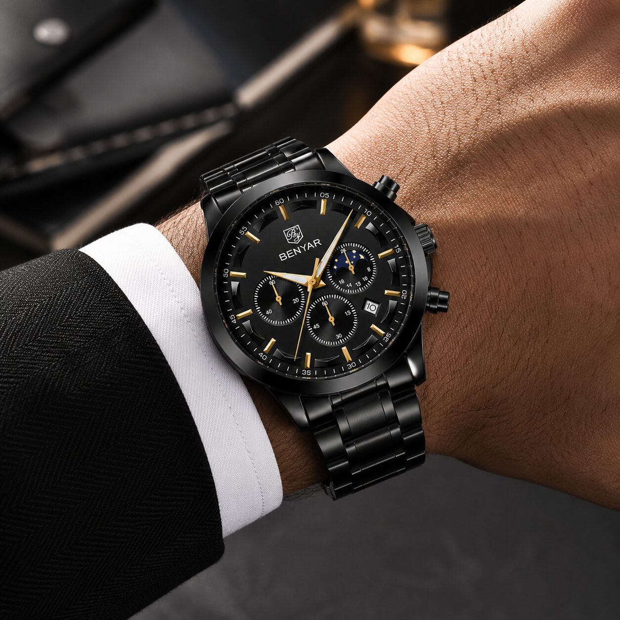 BENYAR BY-5160A Montre Homme Chronographe Étanche en Acier Inoxydable - Noir – Image 4