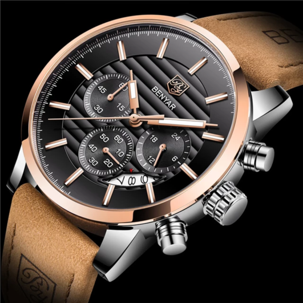 BENYAR BY-5104D – montre chronographe de luxe pour hommes avec bracelet en cuir - Noir & Doré – Image 2