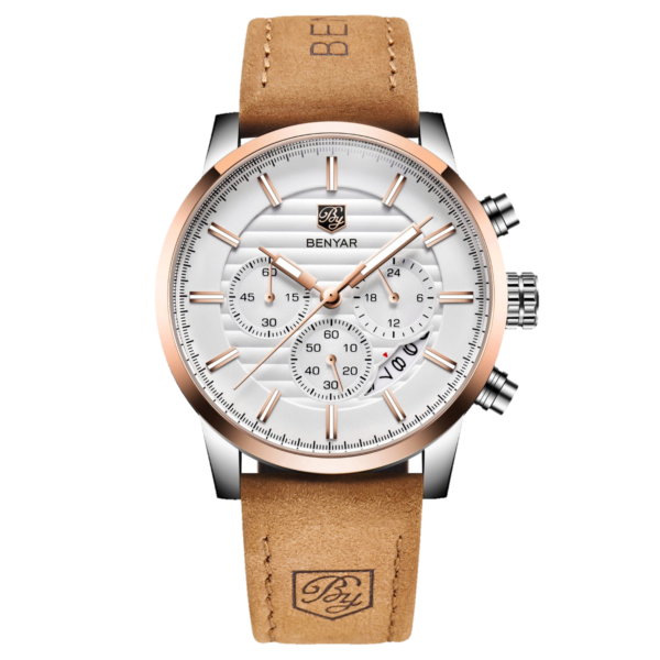 BENYAR BY-5104C – montre chronographe de luxe pour hommes avec bracelet en cuir dan - Blanc & doré