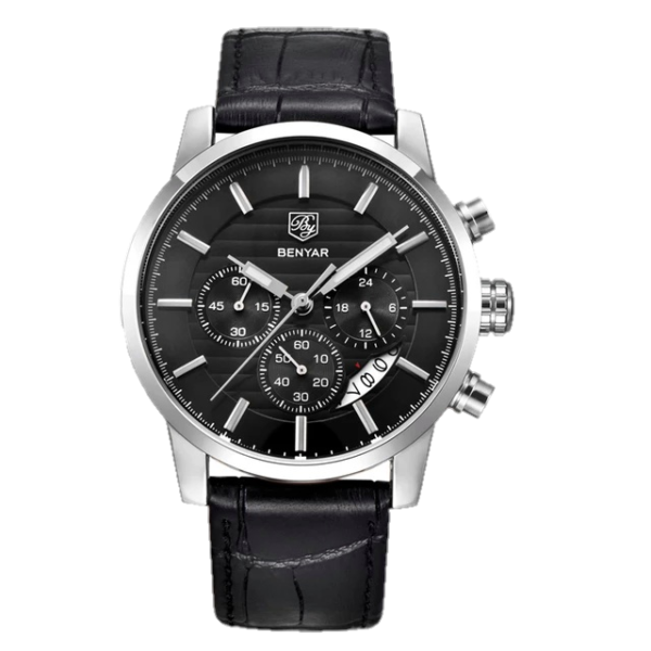 BENYAR BY-5104G – montre chronographe de luxe pour hommes avec bracelet en cuir Noir – Noir & Argenté