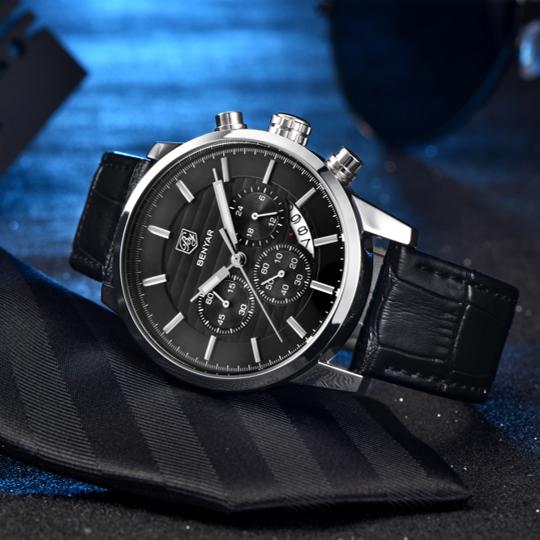 Alternative view of BENYAR BY-5104G – montre chronographe de luxe pour hommes avec bracelet en cuir Noir – Noir & Argenté