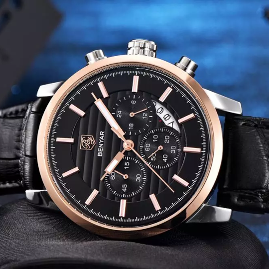 Alternative view of BENYAR BY-5104H – montre chronographe de luxe pour hommes avec bracelet en cuir Noir - Noir & doré
