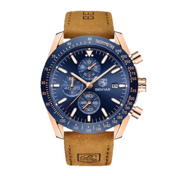 BENYAR BY-5140B Montre Homme Chronographe Étanche avec bracelet en Cuir Dan – Bleu & Doré