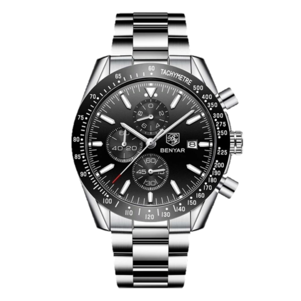 BENYAR BY-5140J – montre chronographe de luxe pour hommes avec bracelet en acier inoxydable - Noir & Argenté