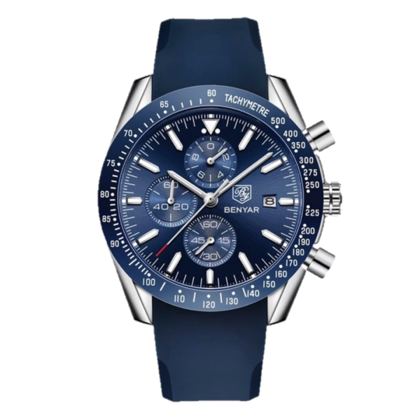 BENYAR BY-5140I Montre Homme Chronographe Étanche avec bracelet en Silicone – Bleu & Argenté