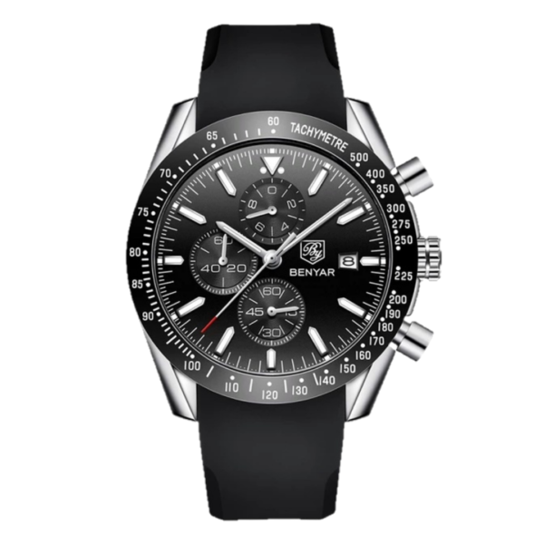 BENYAR BY-5140H Montre Homme Chronographe Étanche avec bracelet en Silicone – Noir & Argenté