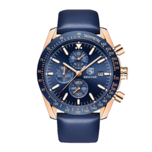 BENYAR BY-5140E Montre Homme Chronographe Étanche avec bracelet en Cuir – Bleu & Doré