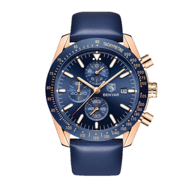 BENYAR BY-5140E Montre Homme Chronographe Étanche avec bracelet en Cuir – Bleu & Doré