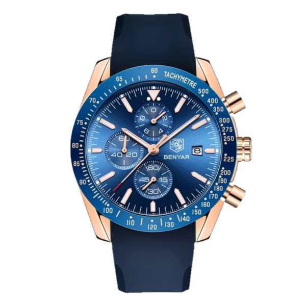 BENYAR BY-5140G Montre Homme Chronographe Étanche avec bracelet en Silicone – Bleu & Doré