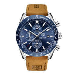 BENYAR BY-5140D Montre Homme Chronographe Étanche avec bracelet en Cuir Dan – Bleu & Argenté