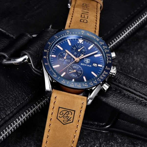 BENYAR BY-5140D Montre Homme Chronographe Étanche avec bracelet en Cuir Dan – Bleu & Argenté – Image 3