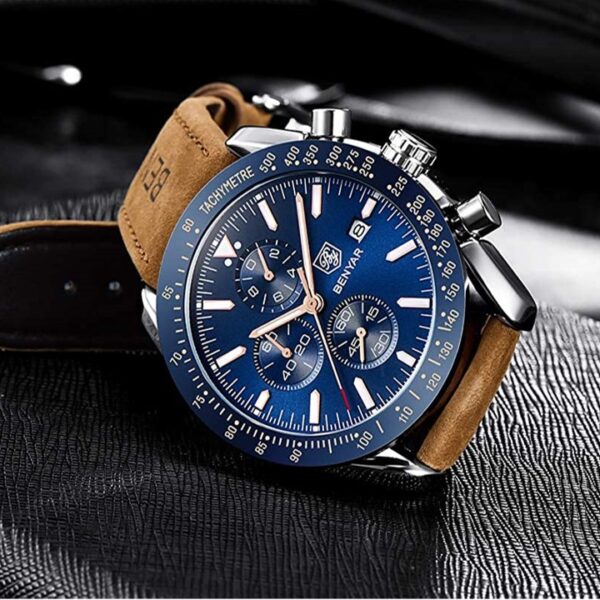 BENYAR BY-5140D Montre Homme Chronographe Étanche avec bracelet en Cuir Dan – Bleu & Argenté – Image 4