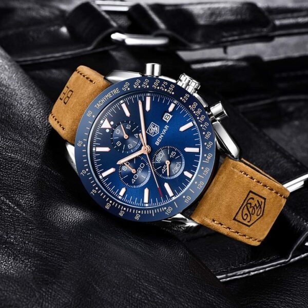BENYAR BY-5140D Montre Homme Chronographe Étanche avec bracelet en Cuir Dan – Bleu & Argenté – Image 2
