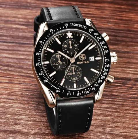 Alternative view of BENYAR BY-5140F Montre Homme Chronographe Étanche avec bracelet en Cuir – Noir & Doré