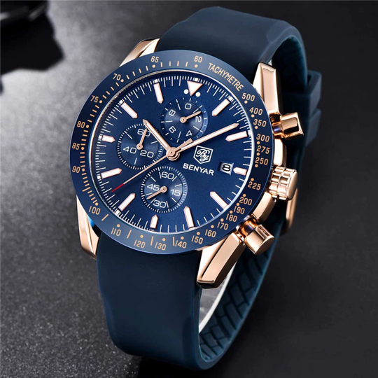 Alternative view of BENYAR BY-5140G Montre Homme Chronographe Étanche avec bracelet en Silicone – Bleu & Doré