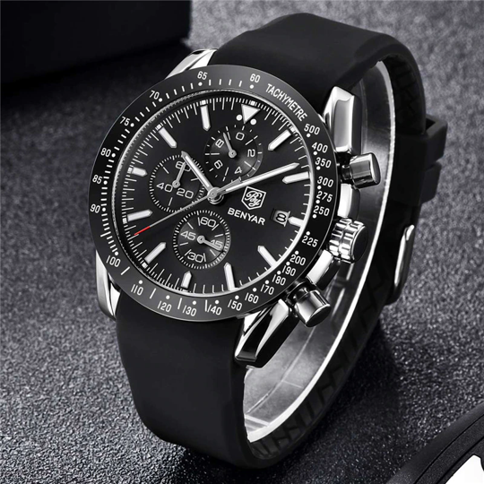 Alternative view of BENYAR BY-5140H Montre Homme Chronographe Étanche avec bracelet en Silicone – Noir & Argenté