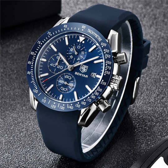 Alternative view of BENYAR BY-5140I Montre Homme Chronographe Étanche avec bracelet en Silicone – Bleu & Argenté