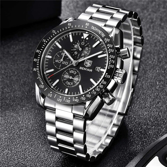 Alternative view of BENYAR BY-5140J – montre chronographe de luxe pour hommes avec bracelet en acier inoxydable - Noir & Argenté