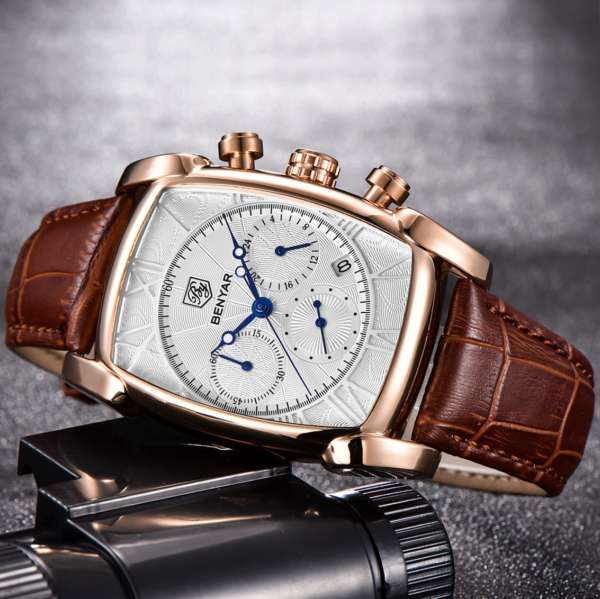 BENYAR BY-5113B – montre classique de luxe pour hommes avec bracelet en cuir - Doré – Image 2