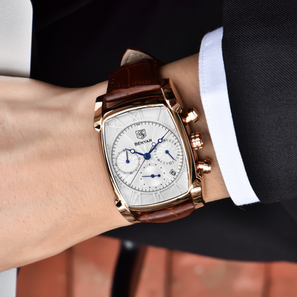 BENYAR BY-5113B – montre classique de luxe pour hommes avec bracelet en cuir - Doré – Image 4