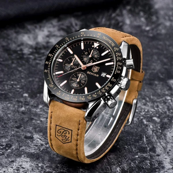 Alternative view of BENYAR BY-5140C Montre Homme Chronographe Étanche avec bracelet en Cuir Dan – Noir & Argenté