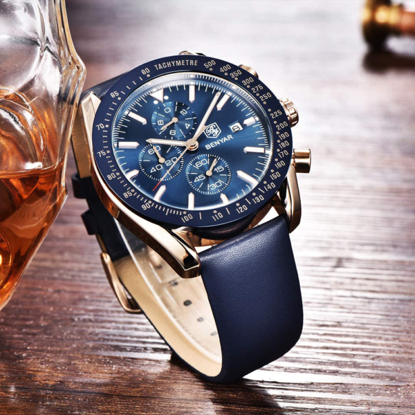 BENYAR BY-5140E Montre Homme Chronographe Étanche avec bracelet en Cuir – Bleu & Doré – Image 2