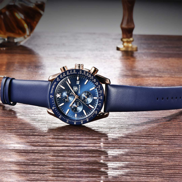 BENYAR BY-5140E Montre Homme Chronographe Étanche avec bracelet en Cuir – Bleu & Doré – Image 3