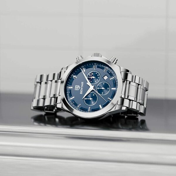 BENYAR BY-5160C Montre Homme Chronographe Étanche en Acier Inoxydable - Argenté & Bleu – Image 4