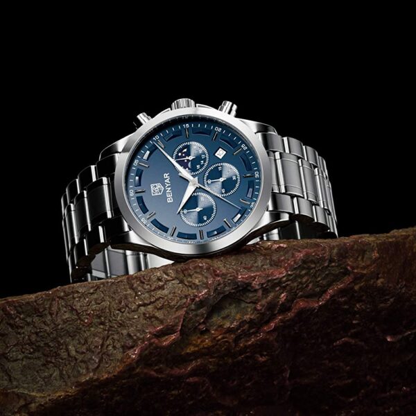 BENYAR BY-5160C Montre Homme Chronographe Étanche en Acier Inoxydable - Argenté & Bleu – Image 5