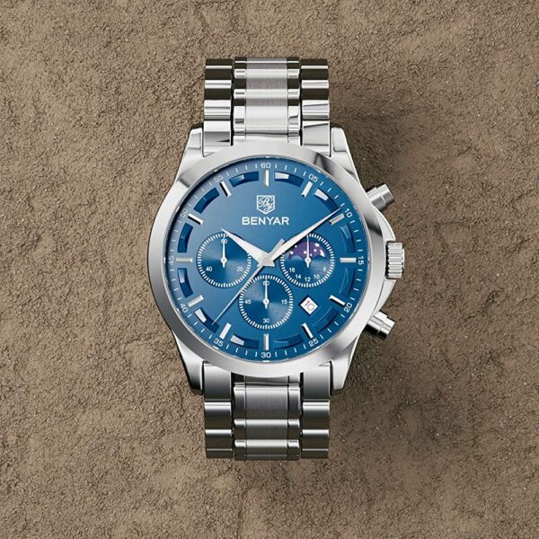 BENYAR BY-5160C Montre Homme Chronographe Étanche en Acier Inoxydable - Argenté & Bleu – Image 2