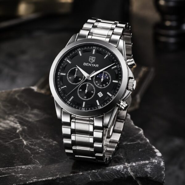 Alternative view of BENYAR BY-5160B Montre Homme Chronographe Étanche en Acier Inoxydable - Argenté & Noir
