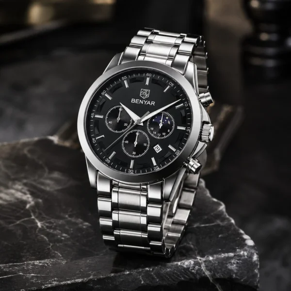 Alternative view of BENYAR BY-5160B Montre Homme Chronographe Étanche en Acier Inoxydable - Argenté & Noir