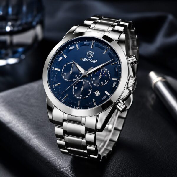 Alternative view of BENYAR BY-5160C Montre Homme Chronographe Étanche en Acier Inoxydable - Argenté & Bleu