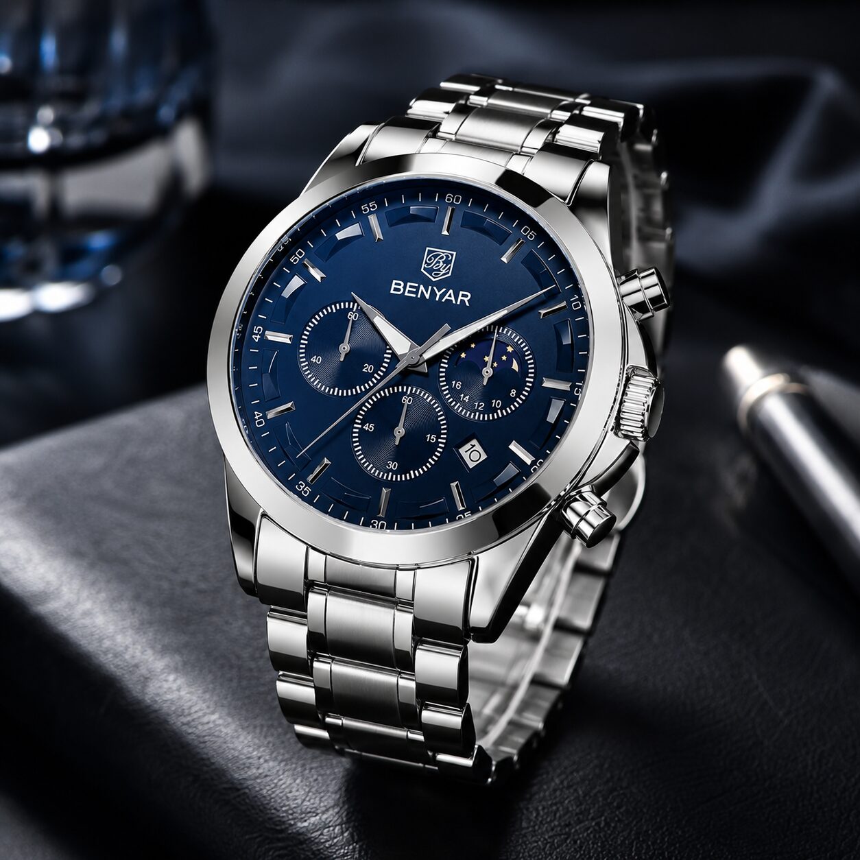 BENYAR BY-5160C Montre Homme Chronographe Étanche en Acier Inoxydable - Argenté & Bleu – Image 2