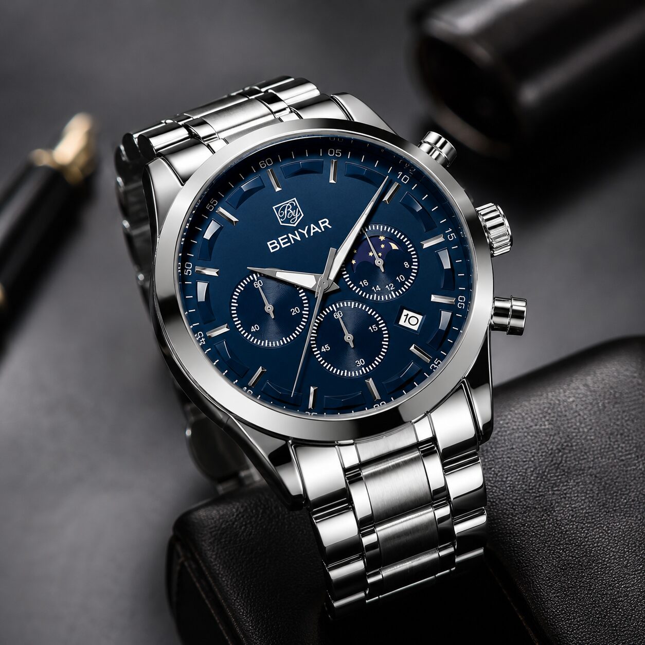 BENYAR BY-5160C Montre Homme Chronographe Étanche en Acier Inoxydable - Argenté & Bleu – Image 3