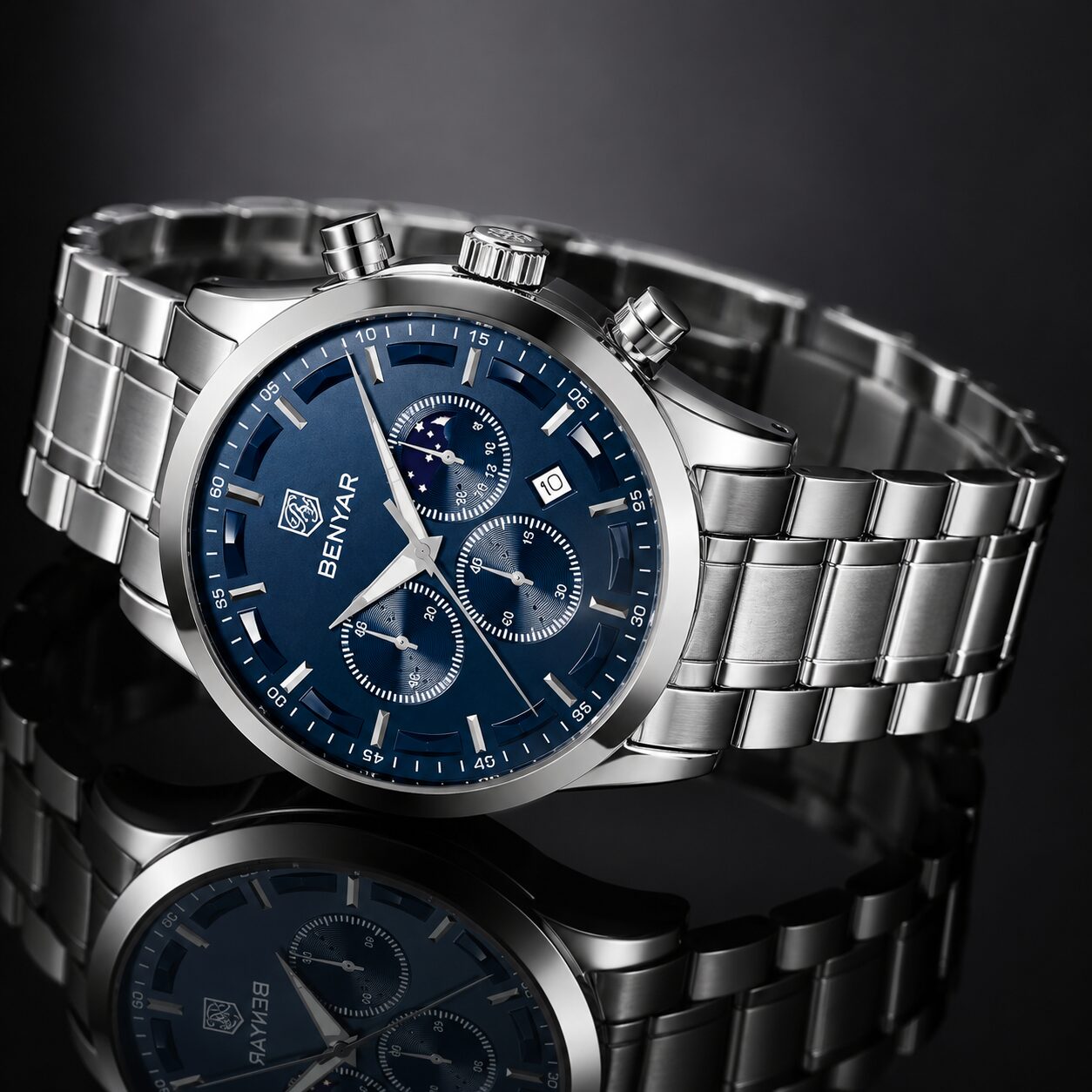 BENYAR BY-5160C Montre Homme Chronographe Étanche en Acier Inoxydable - Argenté & Bleu – Image 4