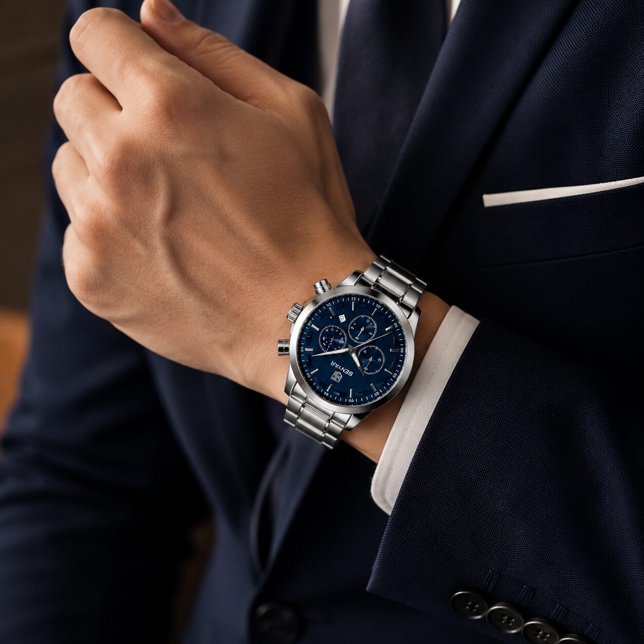 BENYAR BY-5160C Montre Homme Chronographe Étanche en Acier Inoxydable - Argenté & Bleu – Image 6
