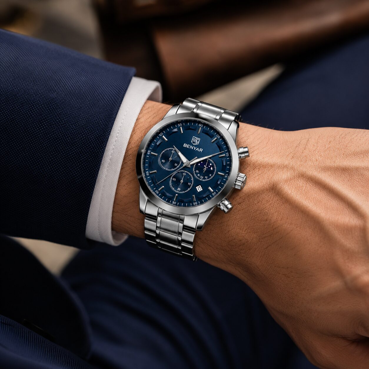 BENYAR BY-5160C Montre Homme Chronographe Étanche en Acier Inoxydable - Argenté & Bleu – Image 5