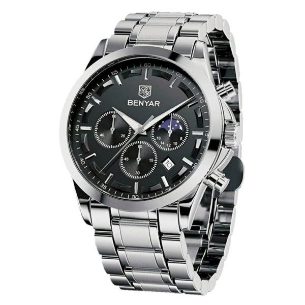 BENYAR BY-5160B Montre Homme Chronographe Étanche en Acier Inoxydable - Argenté & Noir