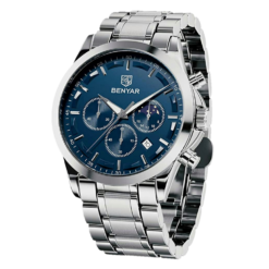 BENYAR BY-5160C Montre Homme Chronographe Étanche en Acier Inoxydable - Argenté & Bleu