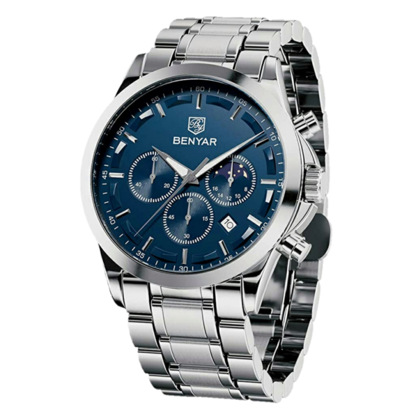 BENYAR BY-5160C Montre Homme Chronographe Étanche en Acier Inoxydable - Argenté & Bleu