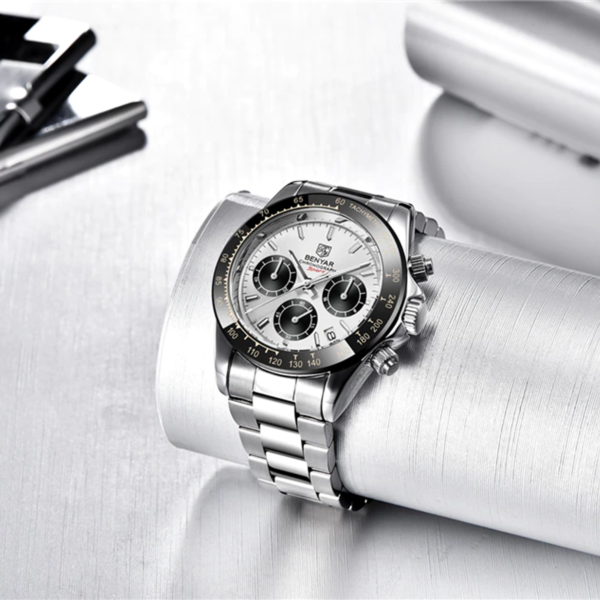 BENYAR BY-5169A – montre chronographe de luxe pour hommes avec bracelet en acier inoxydable - Blanc – Image 2