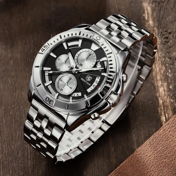 BENYAR BY-5180B – montre chronographe de luxe pour hommes avec bracelet en acier inoxydable - Noir – Image 3