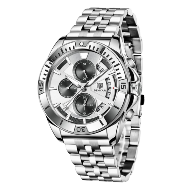 BENYAR BY-5180C – montre chronographe de luxe pour hommes avec bracelet en acier inoxydable - Blanc