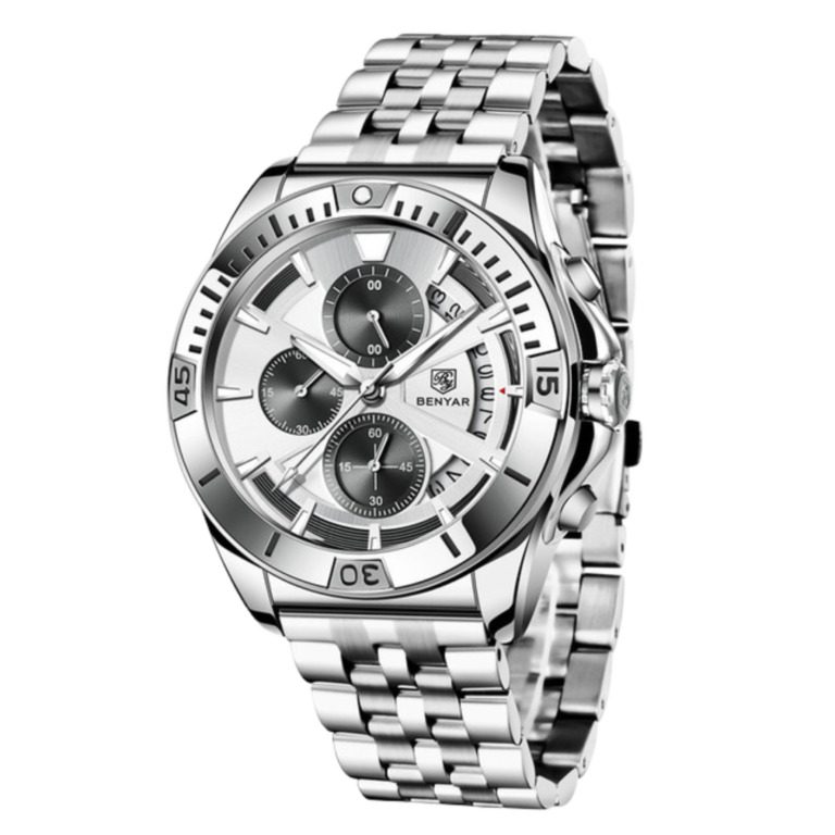 BENYAR BY-5180C – montre chronographe de luxe pour hommes avec bracelet en acier inoxydable - Blanc
