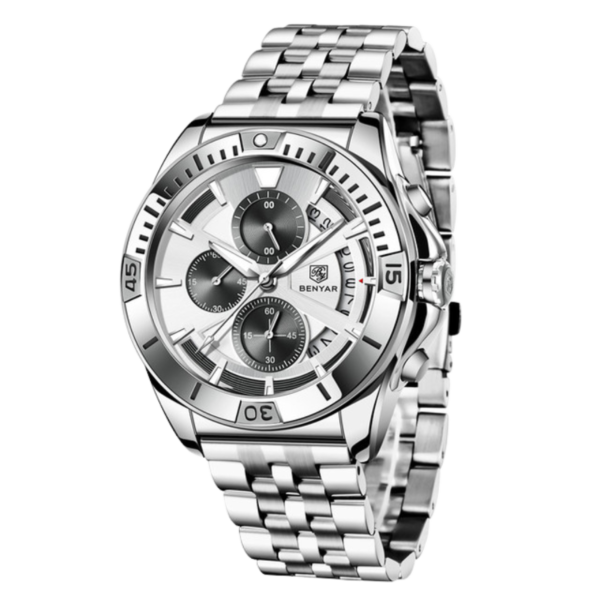BENYAR BY-5180C – montre chronographe de luxe pour hommes avec bracelet en acier inoxydable - Blanc