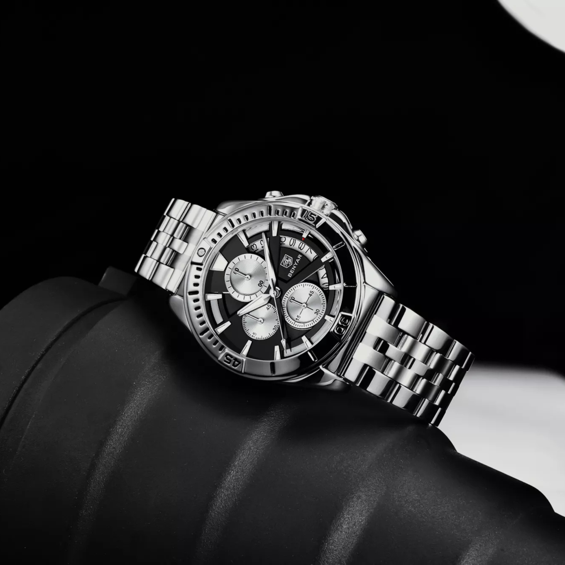 BENYAR BY-5180B – montre chronographe de luxe pour hommes avec bracelet en acier inoxydable - Noir – Image 4